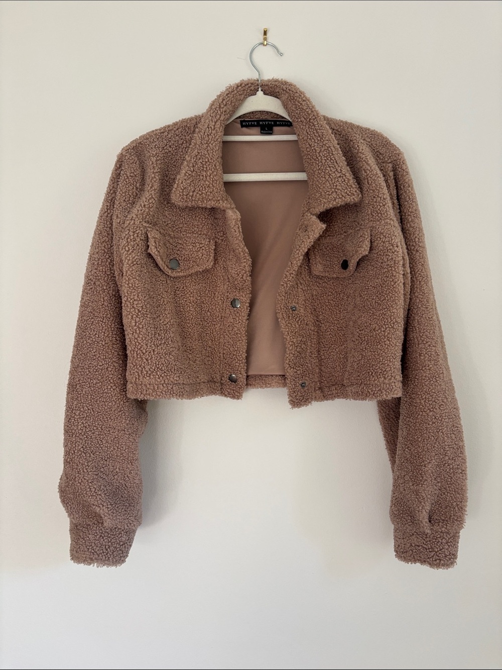 Pink Rose Cropped Teddy Jacket in Taupe Brown